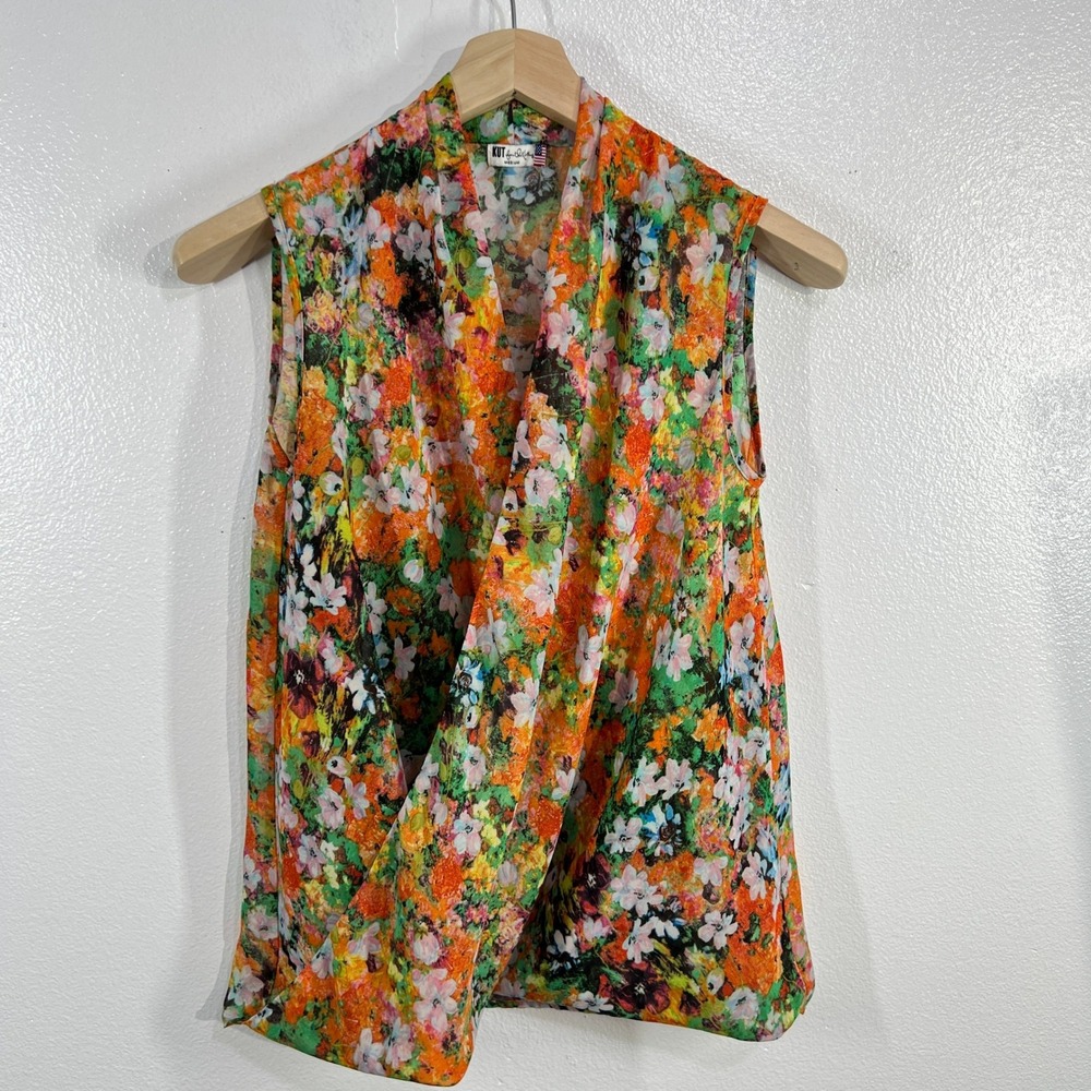KUT from the Kloth Sleeveless Floral Blouse Medium Draped Front Sheer USA Made